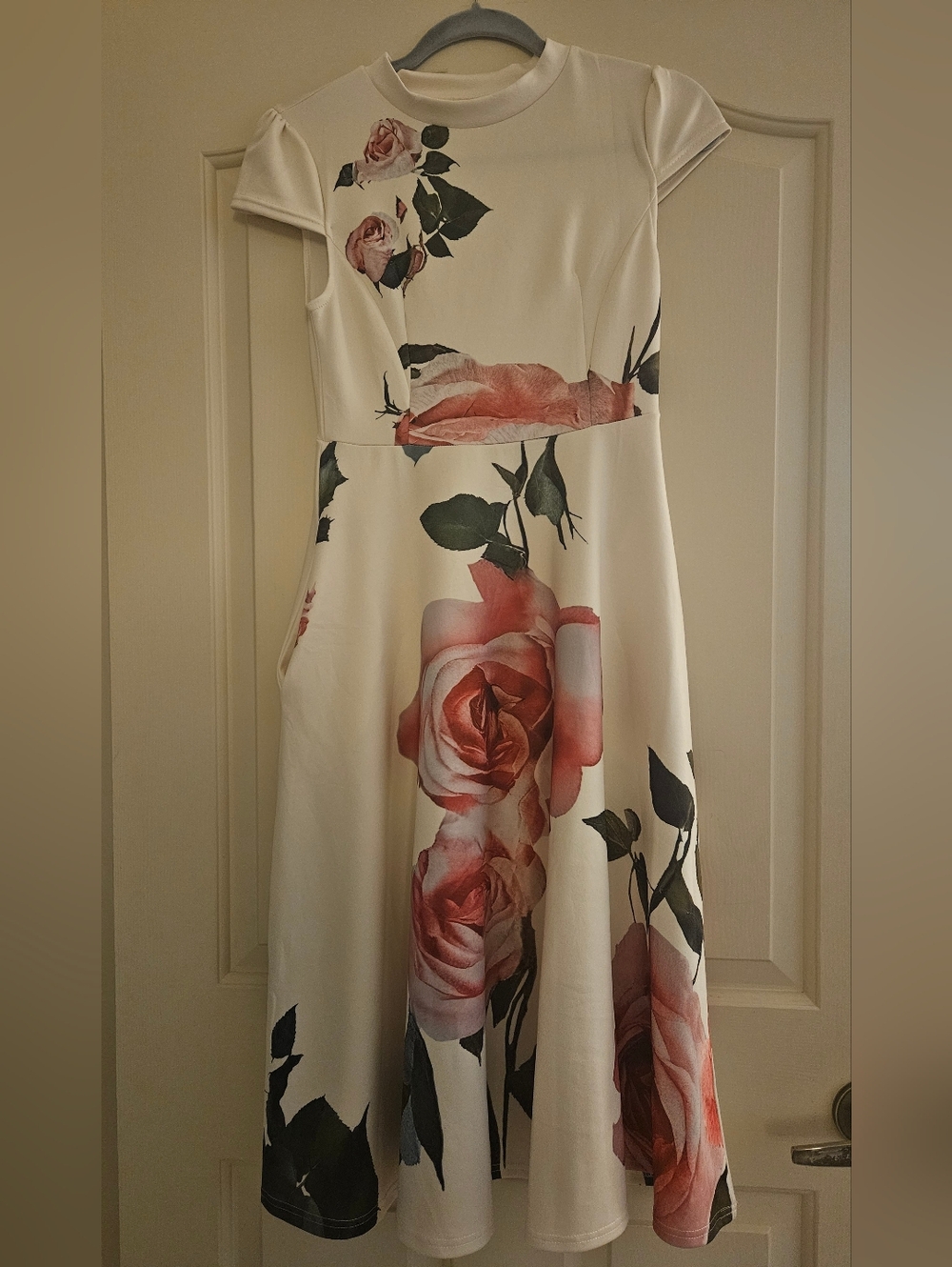 Floral Fit-and-Flare Midi Dress in Ivory Pink Rose Print With Pockets
